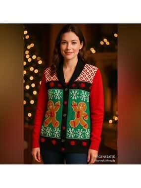 🎄 Spencer’s Gingerbread Men Ugly Christmas Cardigan Sweater M